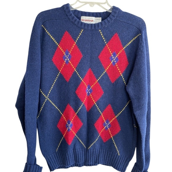 Vintage 80s McGregor Sweater Blue Red Argyle Crewneck Wool Mens Large USA Made - Picture 5 of 12